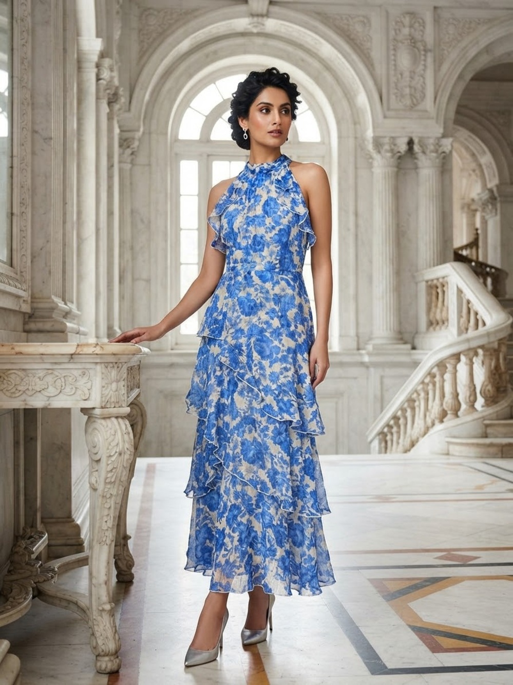 Alex Marie Blue Floral Ruffled Halter Maxi Dress